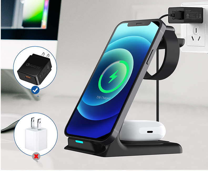 Vertical Three-in-one Wireless Charger 15W Fast Charge Dual-coil Desktop Stand Wireless Charger
